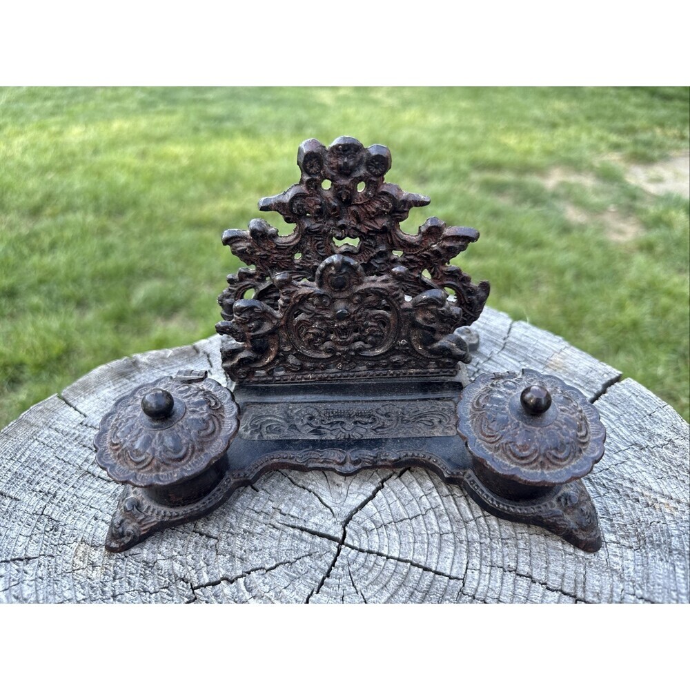 Antique Victorian Cast Iron Double Inkwell Letter Holder Stationary Inkwell F2